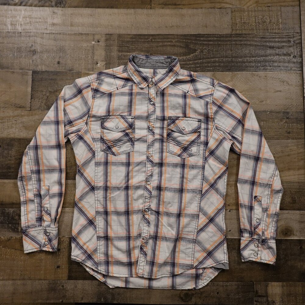 BKE Plaid Pearl Snap Shirt Men’s Medium White Blue Orange Western Casual